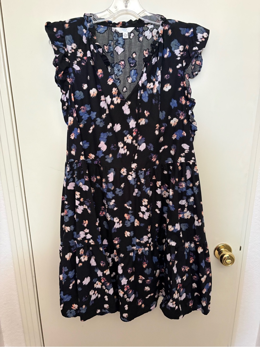 Time and Tru Black Floral V-Neck Mini Dress with Ruffle Sleeves
